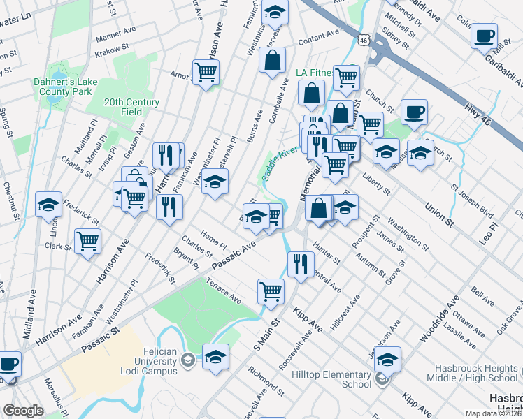 map of restaurants, bars, coffee shops, grocery stores, and more near 45 River Street in Lodi