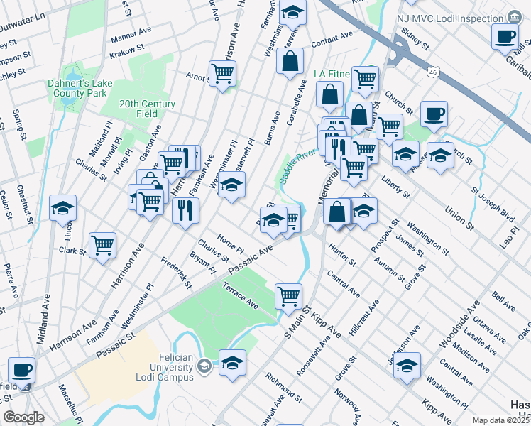 map of restaurants, bars, coffee shops, grocery stores, and more near 45 River Street in Lodi