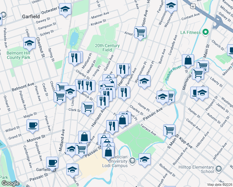 map of restaurants, bars, coffee shops, grocery stores, and more near 263 Harrison Avenue in Garfield