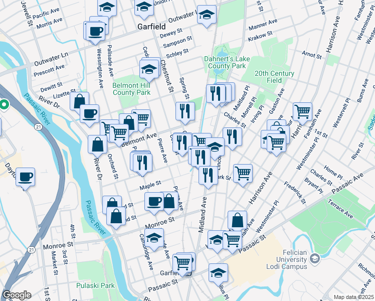map of restaurants, bars, coffee shops, grocery stores, and more near 33 Chestnut Street in Garfield