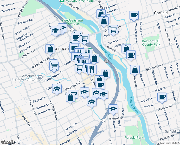 map of restaurants, bars, coffee shops, grocery stores, and more near 21 Barbour Avenue in Passaic