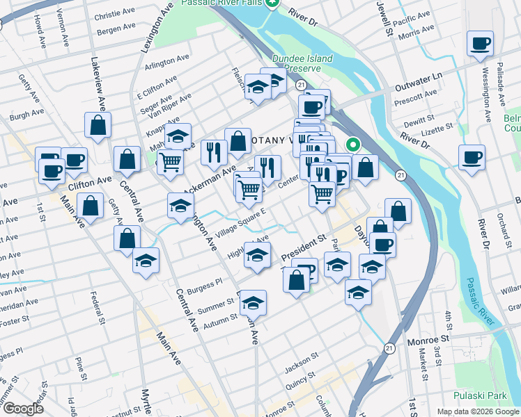 map of restaurants, bars, coffee shops, grocery stores, and more near 75 Center Street in Clifton