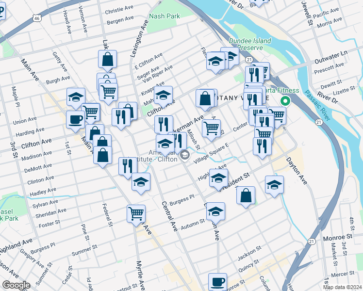 map of restaurants, bars, coffee shops, grocery stores, and more near 32 Milosh Street in Clifton