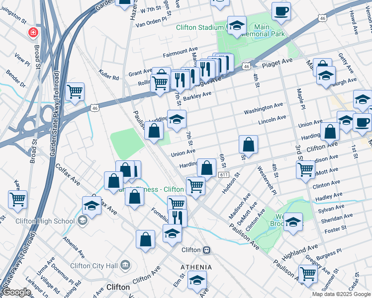 map of restaurants, bars, coffee shops, grocery stores, and more near 207 Lincoln Avenue in Clifton