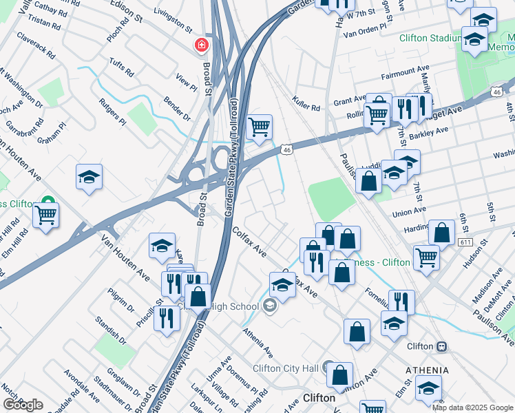 map of restaurants, bars, coffee shops, grocery stores, and more near 5203 Burwood Road in Clifton