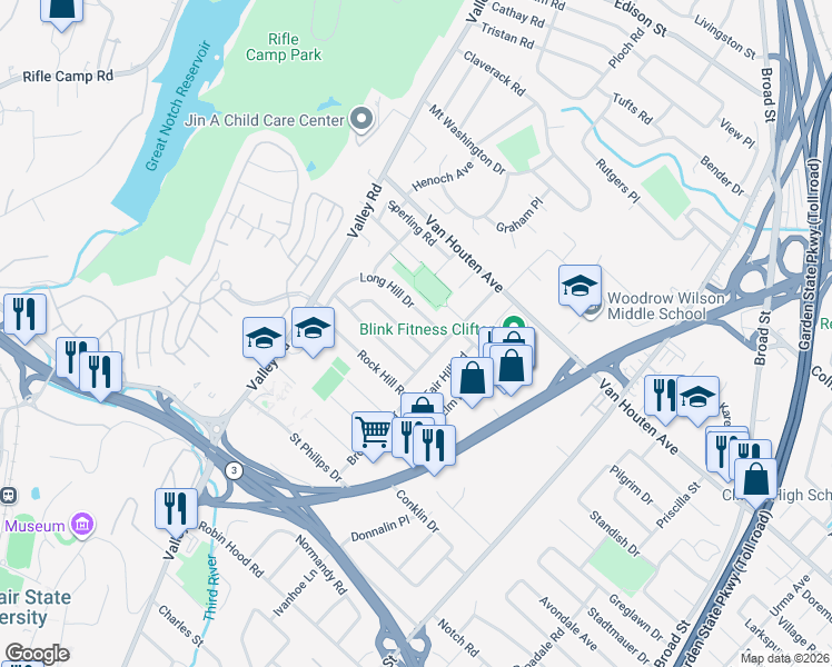 map of restaurants, bars, coffee shops, grocery stores, and more near 20 Long Hill Drive in Clifton