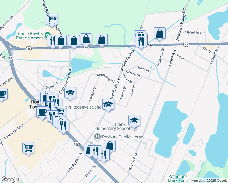 map of restaurants, bars, coffee shops, grocery stores, and more near 60 North Hillside Avenue in Roxbury Township