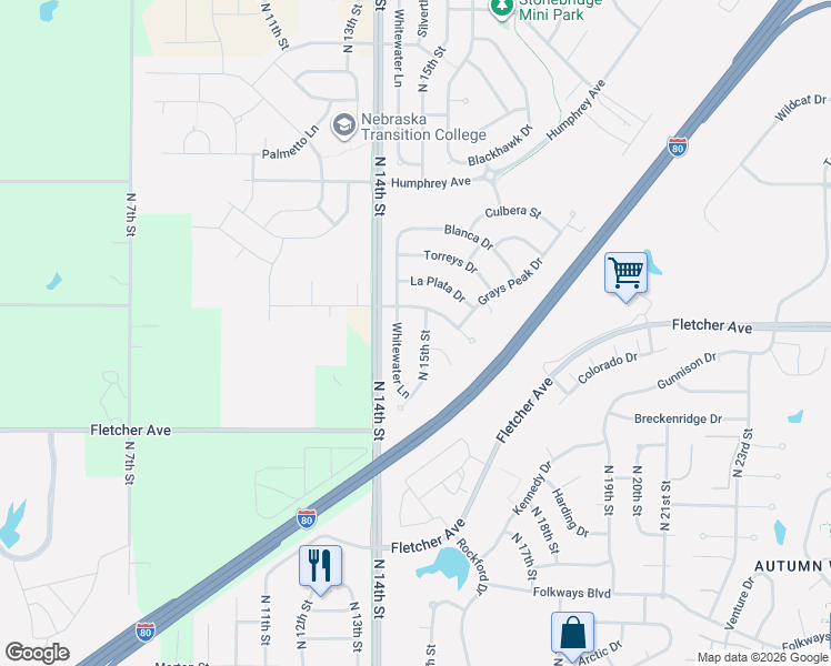 map of restaurants, bars, coffee shops, grocery stores, and more near 6326 North 15th Street in Lincoln