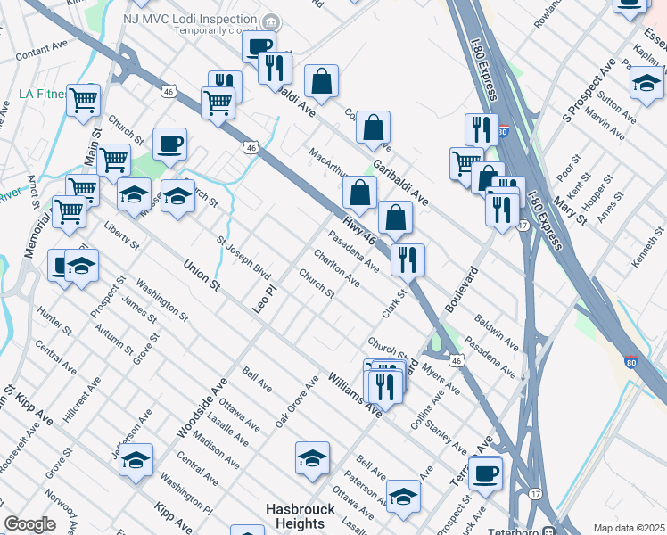 map of restaurants, bars, coffee shops, grocery stores, and more near 143 Charlton Avenue in Lodi