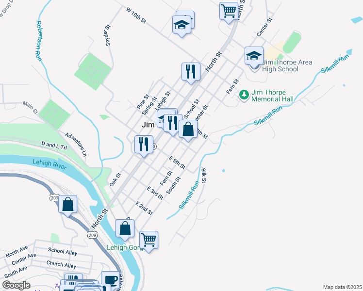 map of restaurants, bars, coffee shops, grocery stores, and more near 530 Center Street in Jim Thorpe