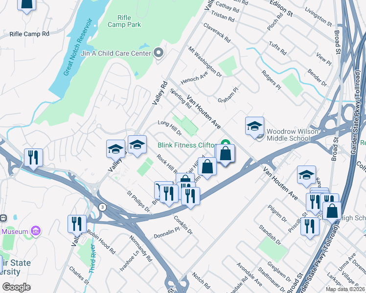 map of restaurants, bars, coffee shops, grocery stores, and more near 20 Long Hill Drive in Clifton
