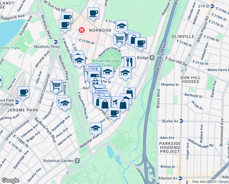 map of restaurants, bars, coffee shops, grocery stores, and more near 3216 Perry Avenue in The Bronx