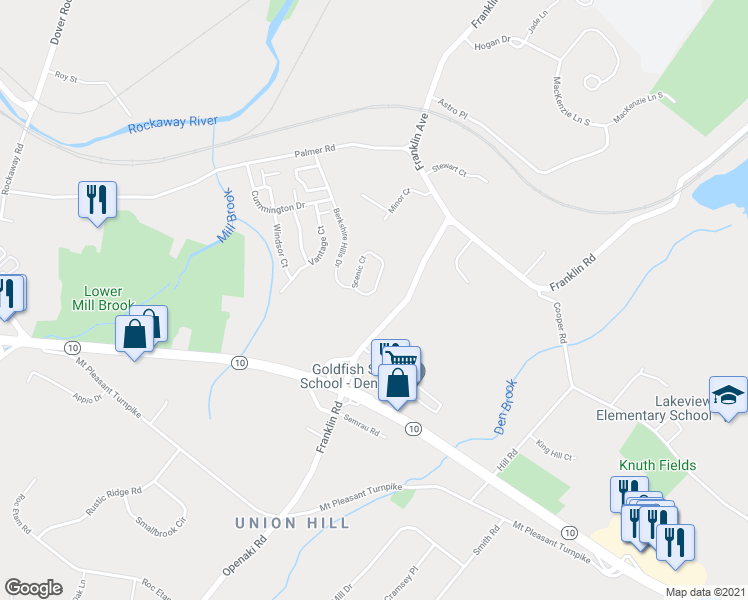 map of restaurants, bars, coffee shops, grocery stores, and more near 3710 Scenic Court in Denville