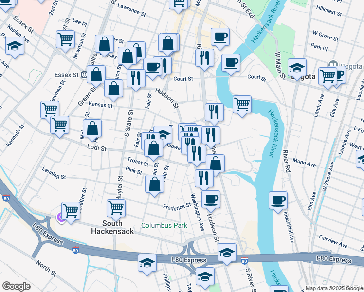 map of restaurants, bars, coffee shops, grocery stores, and more near 18 Broadway in Hackensack