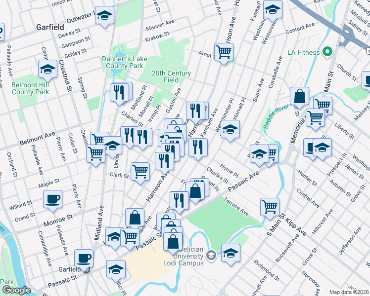 map of restaurants, bars, coffee shops, grocery stores, and more near 263 Harrison Avenue in Garfield