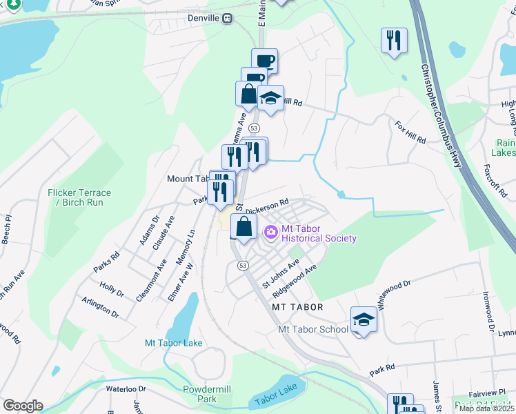 map of restaurants, bars, coffee shops, grocery stores, and more near 21 Dickerson Road in Denville