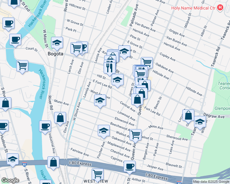 map of restaurants, bars, coffee shops, grocery stores, and more near 128 East Fort Lee Road in Bogota