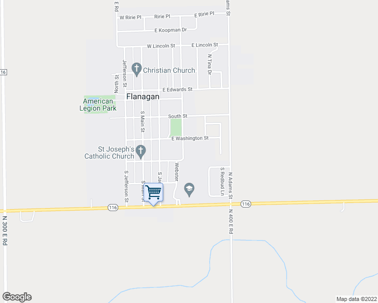 map of restaurants, bars, coffee shops, grocery stores, and more near 210 South Harrison Street in Flanagan