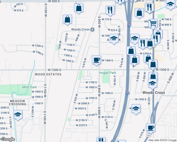 map of restaurants, bars, coffee shops, grocery stores, and more near 1521 South 850 West in Woods Cross