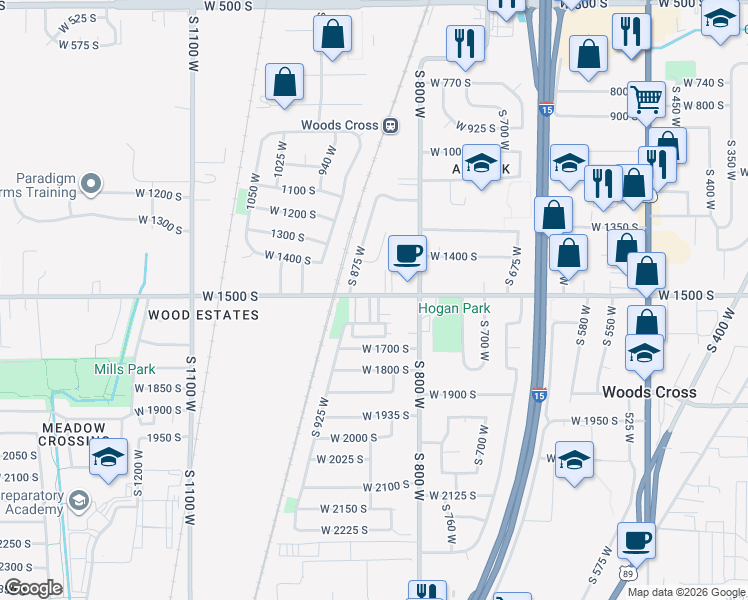 map of restaurants, bars, coffee shops, grocery stores, and more near 1509 South 850 West in Woods Cross