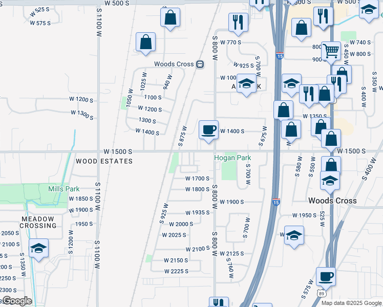 map of restaurants, bars, coffee shops, grocery stores, and more near 1521 South 850 West in Woods Cross