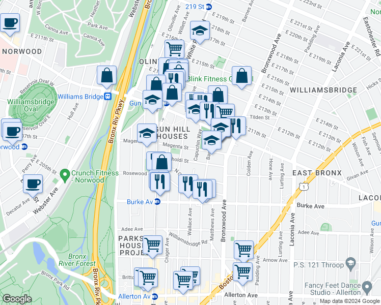 map of restaurants, bars, coffee shops, grocery stores, and more near 770 Magenta Street in Bronx
