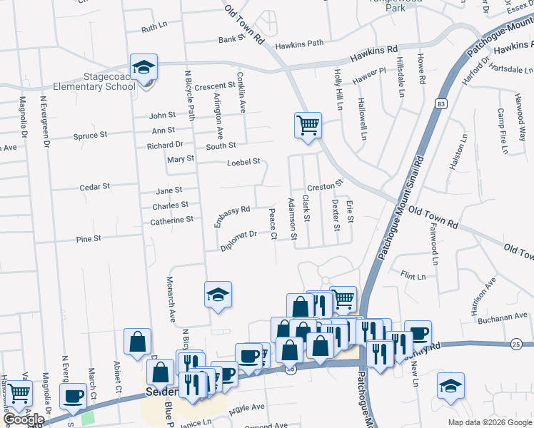 map of restaurants, bars, coffee shops, grocery stores, and more near 1 Peace Court in Selden