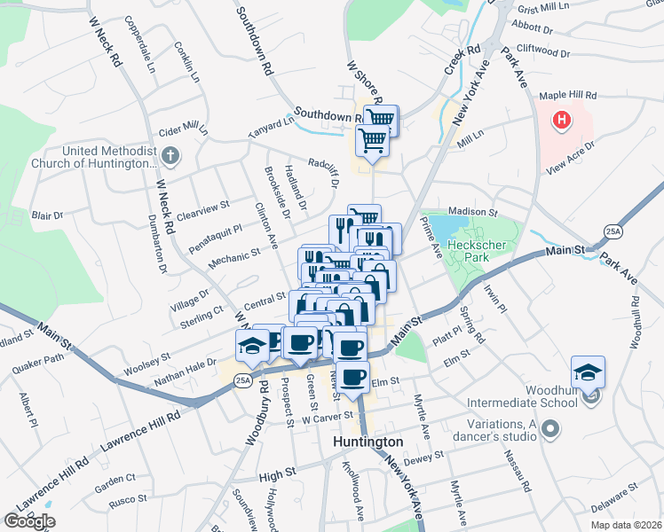 map of restaurants, bars, coffee shops, grocery stores, and more near 38 Edgar Court in Huntington