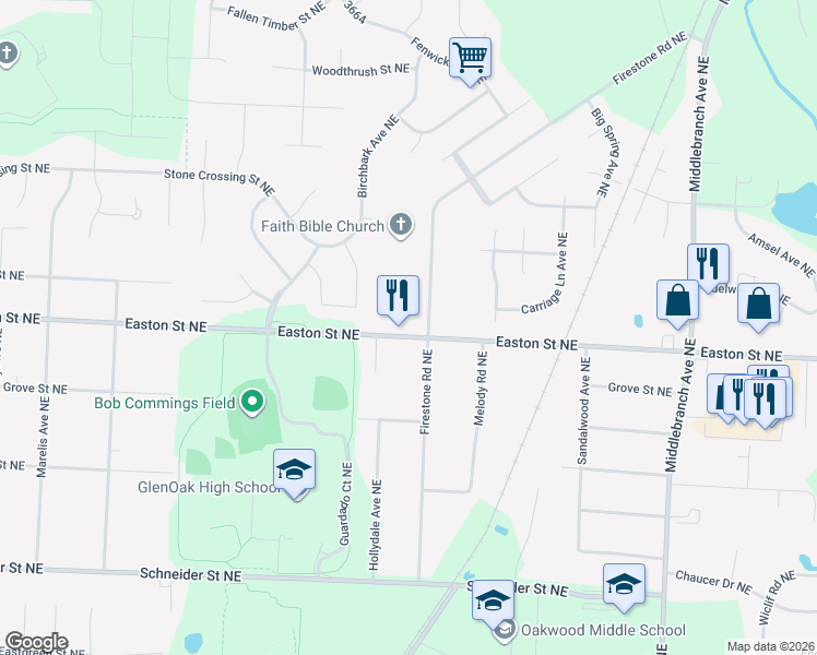 map of restaurants, bars, coffee shops, grocery stores, and more near 6407 Firestone Avenue Northeast in Canton