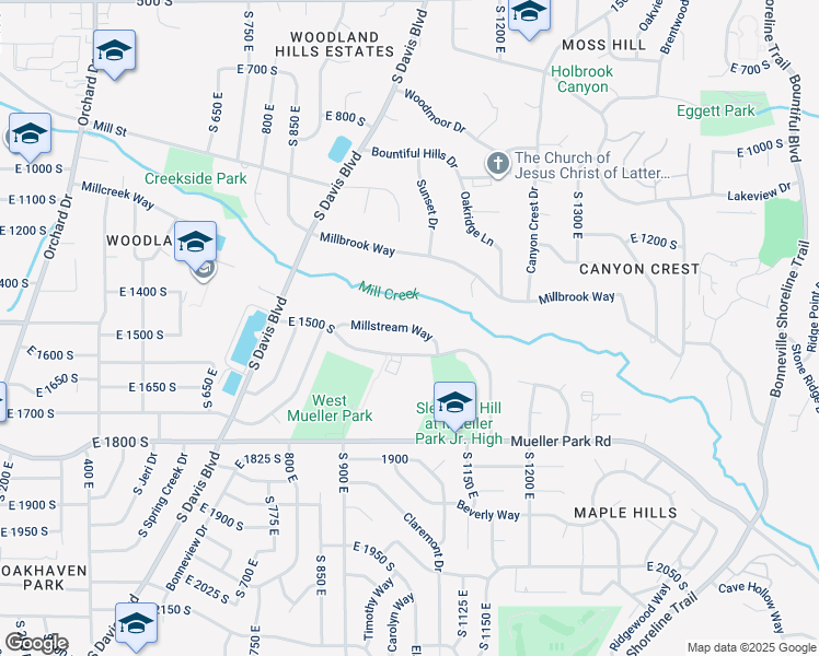 map of restaurants, bars, coffee shops, grocery stores, and more near 1010 Millstream Way in Bountiful