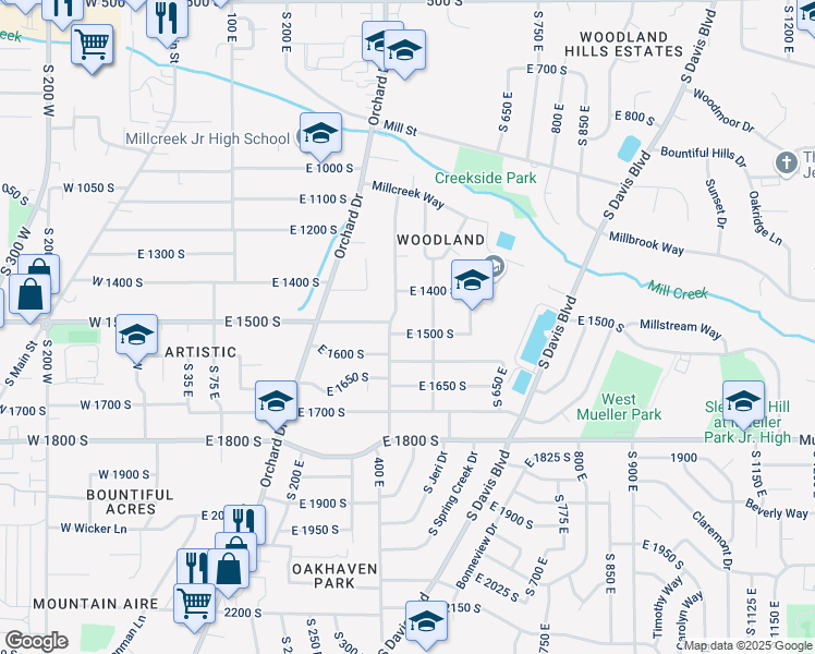 map of restaurants, bars, coffee shops, grocery stores, and more near 445 East 1500 South in Bountiful