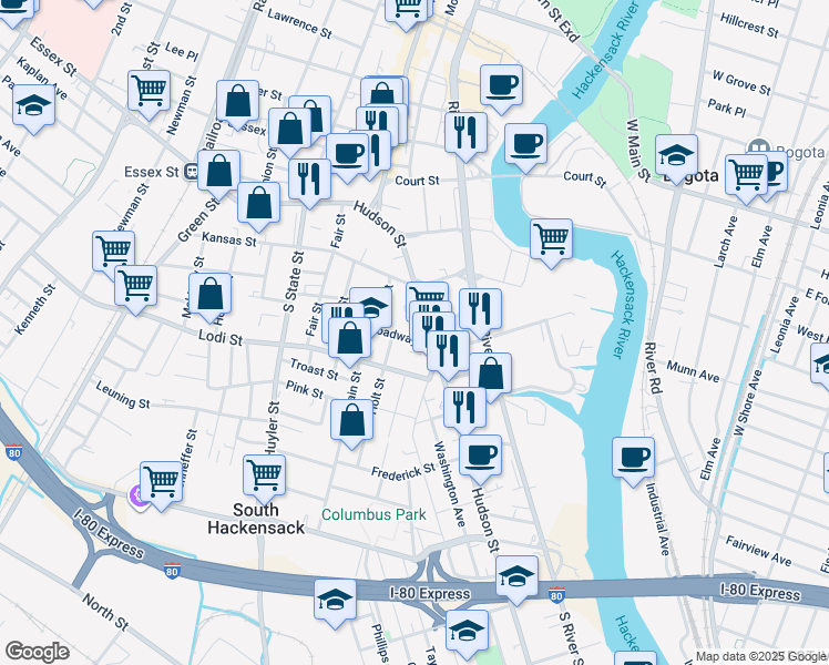 map of restaurants, bars, coffee shops, grocery stores, and more near 18 Broadway in Hackensack