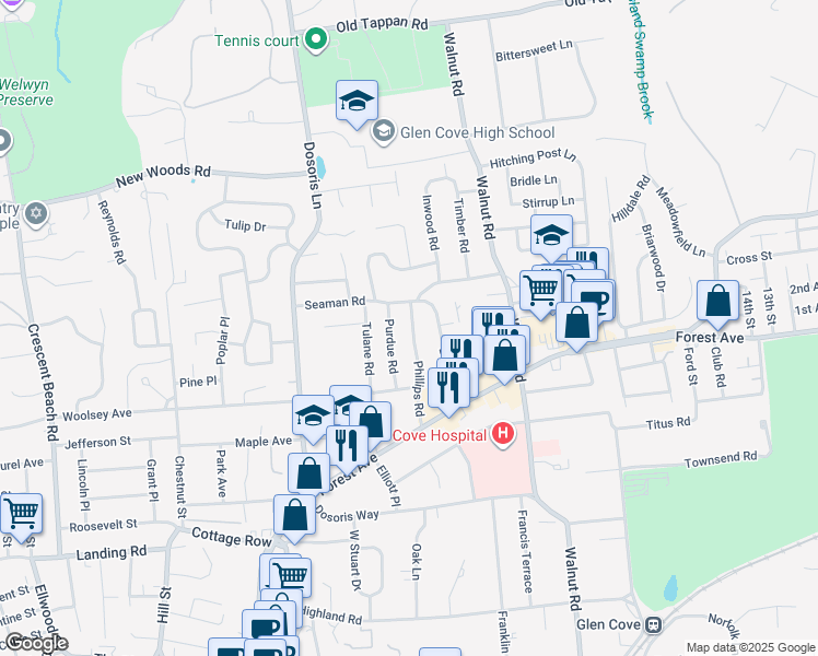 map of restaurants, bars, coffee shops, grocery stores, and more near 41 Phillips Road in Glen Cove