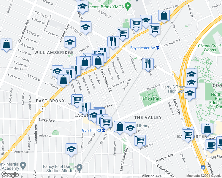 map of restaurants, bars, coffee shops, grocery stores, and more near 1500 Givan Avenue in The Bronx