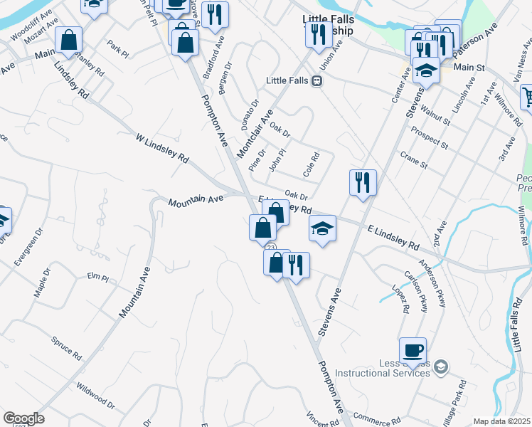 map of restaurants, bars, coffee shops, grocery stores, and more near 25 East Lindsley Road in Cedar Grove
