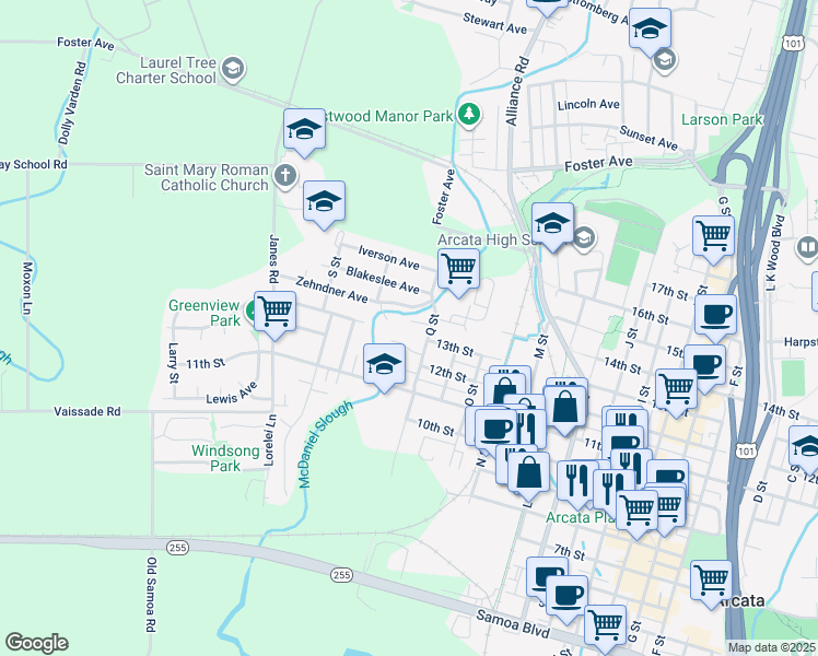 map of restaurants, bars, coffee shops, grocery stores, and more near 1761 Zehndner Avenue in Arcata