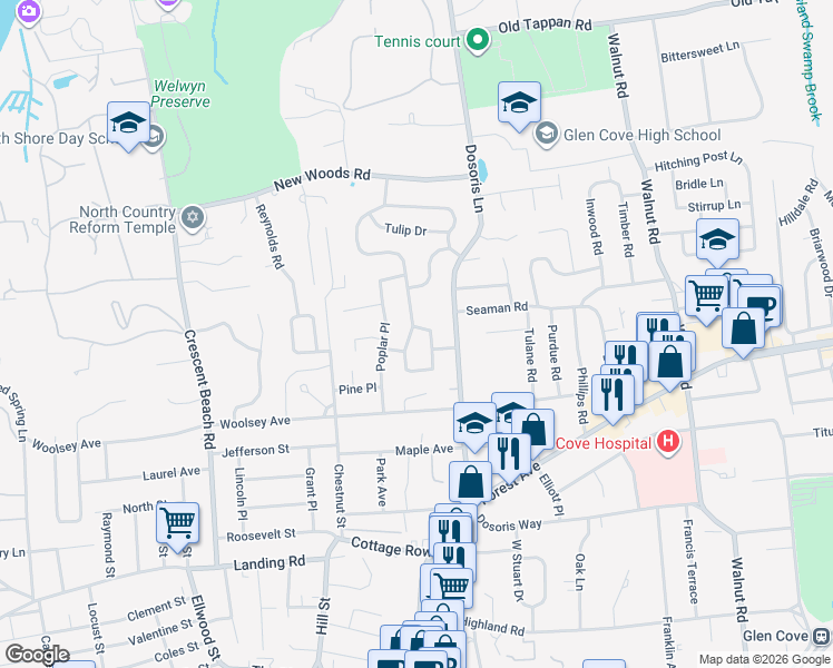 map of restaurants, bars, coffee shops, grocery stores, and more near 20 Buckeye Road in Glen Cove