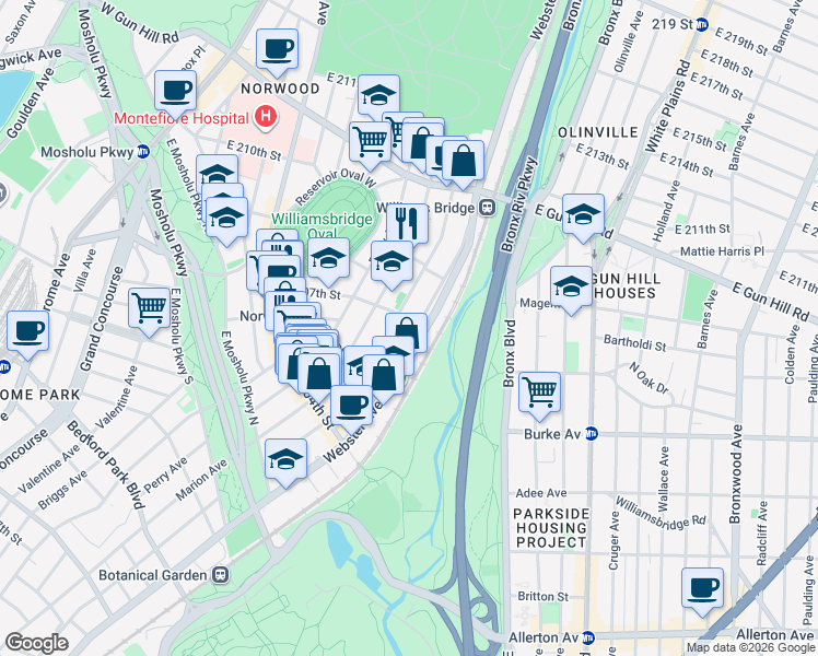map of restaurants, bars, coffee shops, grocery stores, and more near 350 East 207th Street in Bronx