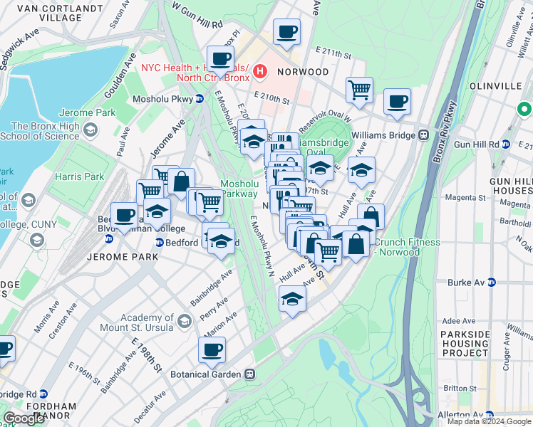 map of restaurants, bars, coffee shops, grocery stores, and more near in The Bronx