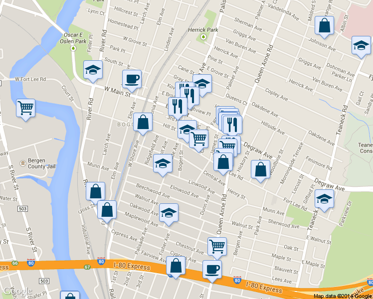 map of restaurants, bars, coffee shops, grocery stores, and more near 128 East Fort Lee Road in Bogota