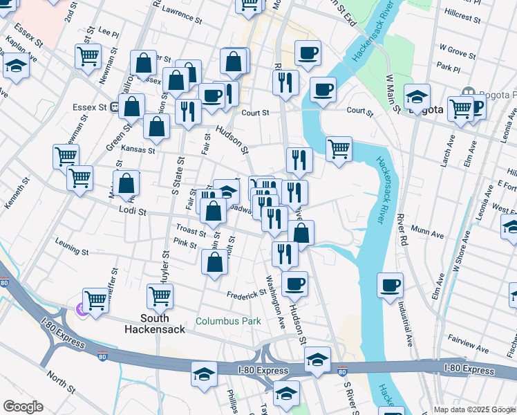 map of restaurants, bars, coffee shops, grocery stores, and more near 123 Hudson Street in Hackensack