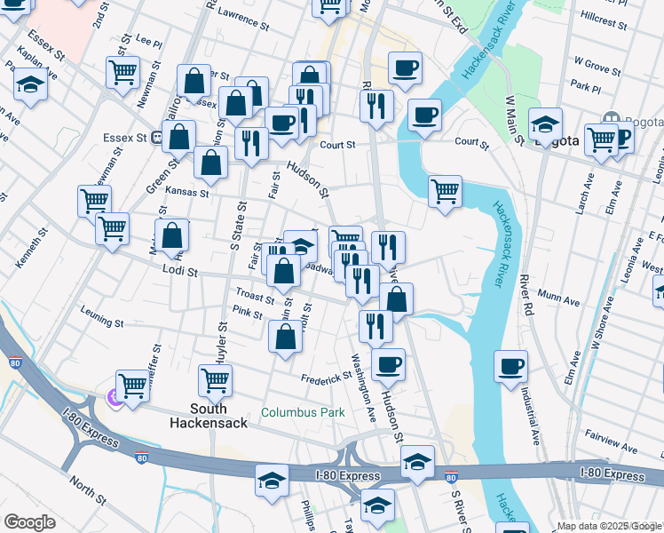 map of restaurants, bars, coffee shops, grocery stores, and more near 123 Hudson Street in Hackensack