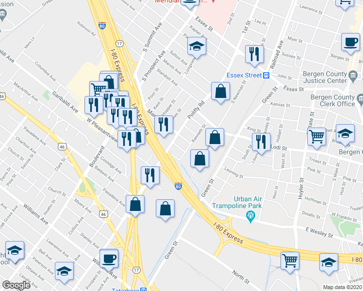 map of restaurants, bars, coffee shops, grocery stores, and more near 222 Elleen Terrace in Hackensack