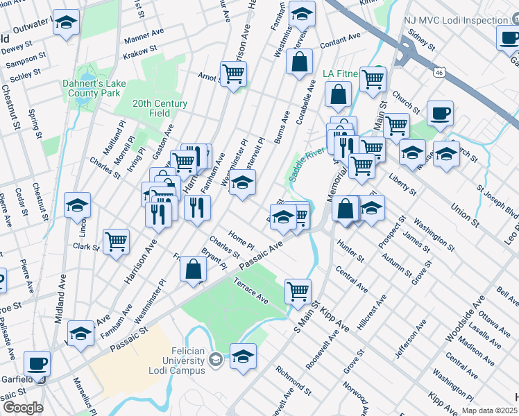 map of restaurants, bars, coffee shops, grocery stores, and more near 28 Burns Avenue in Lodi