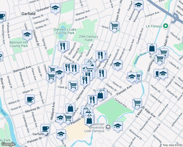map of restaurants, bars, coffee shops, grocery stores, and more near 263 Harrison Avenue in Garfield