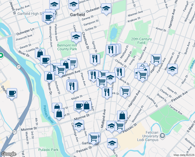 map of restaurants, bars, coffee shops, grocery stores, and more near 33 Chestnut Street in Garfield