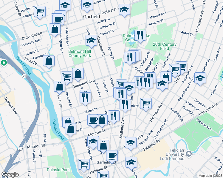 map of restaurants, bars, coffee shops, grocery stores, and more near 33 Chestnut Street in Garfield