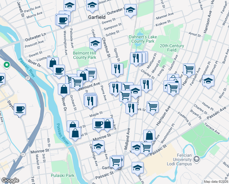 map of restaurants, bars, coffee shops, grocery stores, and more near 33 Chestnut Street in Garfield