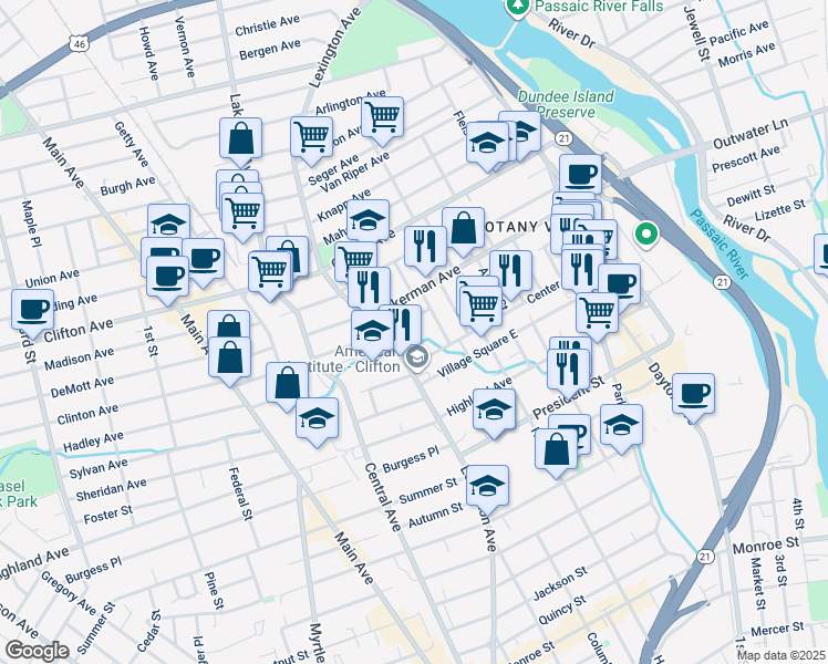 map of restaurants, bars, coffee shops, grocery stores, and more near 32 Milosh Street in Clifton