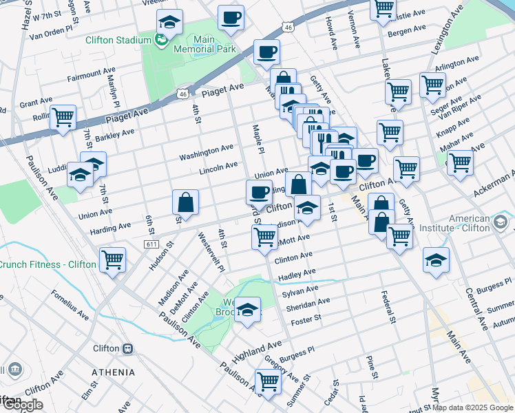 map of restaurants, bars, coffee shops, grocery stores, and more near 153 Harding Avenue in Clifton